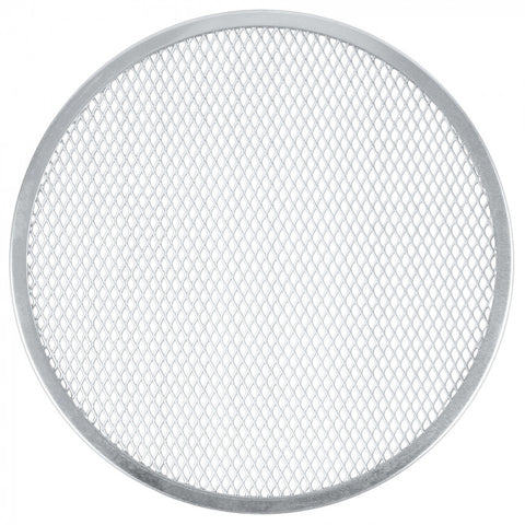 Ein rundes Metallgitter mit stabilem Rahmen um den Rand, perfekt für knusprigere Pizza. Bekannt als Pizzagitter 35 CM von Pizzalovers, besteht das Gitter aus kleinen rautenförmigen Öffnungen, die für gleichmäßigeres Garen sorgen. Der Rahmen erscheint glatt und etwas dicker als das Gitter selbst vor einem schlichten weißen Hintergrund.