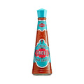 Abgebildet ist eine Flasche Casa Firelli Original Scharf. Die kegelförmige Flasche mit türkisem Verschluss trägt ein rot-türkises Etikett mit den stolzen Worten „Casa Firelli“ und „Original Scharf“. Diese 148 ml Sauce enthält die authentische Schärfe kalabrischer Chilischoten.