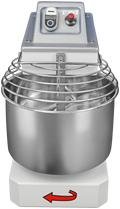 Der Famag Grilletta IM 5 Spiralkneter 10V ist ein gewerblicher Spiralkneter mit Edelstahlschüssel und Schutzgitter, der für den professionellen Einsatz konzipiert ist. Das Bedienfeld oben umfasst zwei Tasten: eine schwarze mit einem weißen Kreis und eine rote. An der Unterseite des Mixers ist ein nach links zeigender Pfeil angebracht, der 10 Geschwindigkeiten bietet.