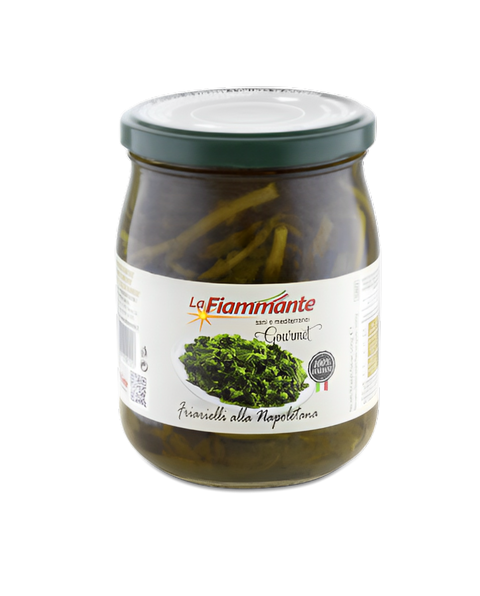 Ein 580 g schweres Glas La Fiammante Friarielli alla Napoletana mit einem grünen Metalldeckel und einem Etikett mit einem Bild von Stängelkohl in Öl sowie dem Markennamen und der Produktbeschreibung in italienischem Text.