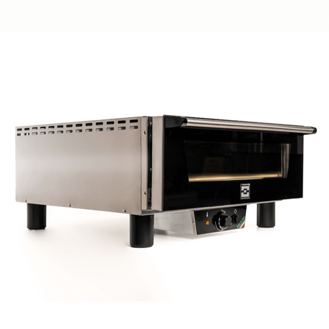 Der Effeuno Pizzaofen N5 ist ein Tischbackofen aus Edelstahl mit schwarzen Akzenten, ideal für italienisches Pizzabacken. Er verfügt über eine Glasfront und einen Glasbedienknopf und sein stilvolles Design umfasst vier kurze Beine vor einem schlichten weißen Hintergrund.