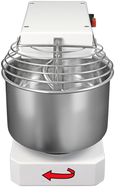 Der Famag Grilletta IM 5 Spiralkneter ist ein großer, industrieller Standmixer mit einer hochwertigen Edelstahlschüssel, einem Schutzgitter aus Metall und einem weißen Sockel. Ein roter Pfeil auf dem Sockel zeigt die Drehrichtung an. Dieser professionelle Spiralkneter ist perfekt für alle Ihre Mixanforderungen.