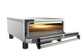 Der Pizzaofen Effeuno N5 ist ein silberner Pizzaofen für die Arbeitsplatte mit offener Tür, Innenbeleuchtung und Backstein, der sich ideal zum Backen perfekter italienischer Pizza eignet. Er verfügt über kurze Beine für Stabilität und das Bedienfeld befindet sich praktischerweise unter der offenen Tür.